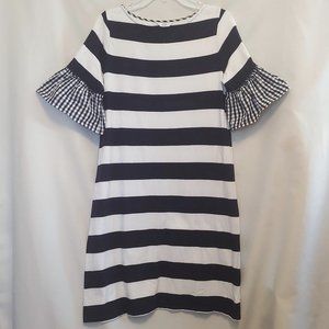 CROWN & IVY Womens Blue/White Strip, Ruffled Sleeve 100% Cotton Shift Dress. S